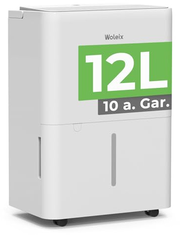 Woleix Deshumidificador 12l silencioso, Deshumificadores de Humedad grande, Deshumidificador electrico con desagüe, Cobertura 25m²/122m³ con Temporizador,10 a. Gar.