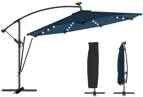 Outsunny Parasol Excéntrico con Luces LED Solares Ø345 cm Azul Marino