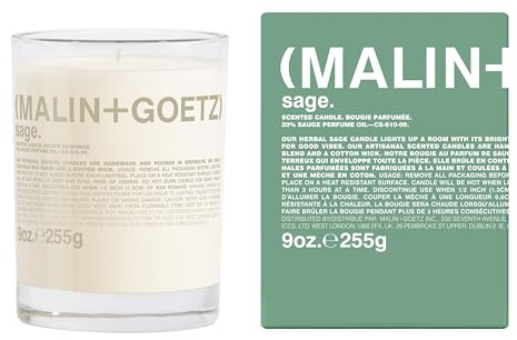 MALIN+GOETZ Sage Candle, 9 oz. – Sage Scent Fragrance, Scented Candle, Natural Vegetable Wax Blend, Vegan & Cruelty Free, Single Wick Candle, Lasts 60 Hours