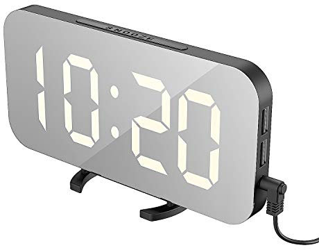 EXTSUD Sveglia Digitale con Display a Specchio Orologio Sveglia Elettronica con Luce Notturna Grande LED Schermo 12/24H Funzione Pisolino 2 Porte USB per Ricarica Smartphone