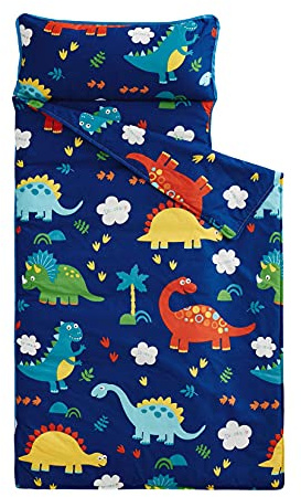 Wake In Cloud - Toddler Nap Mat with Pillow and Blanket, 100% Cotton Fabric, for Kids Boys Ages 3 Plus in Daycare Kindergarten Preschool, Roll Up Sleeping Bag, Cute Dinosaurs, Navy, Standard