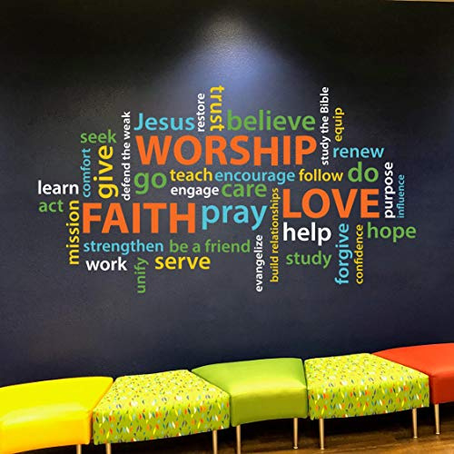 Word Collage Faith Worship Love Youth Room Church Christian School Wordle Wall Decal Vinyl Decal Colorful Collage Word Cloud Re3174