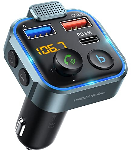 UNBREAKcable Bluetooth 5.3 FM Transmitter for Car, [PD 20W + QC 3.0] [Stronger Microphone & HiFi Bass Sound] Cigarette Lighter Radio Music Adapter Charger, Supports Hands-Free Siri Google Assistant