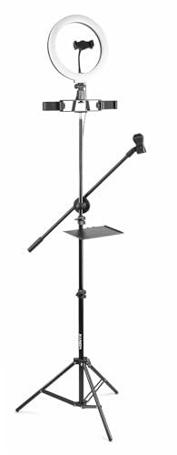 VONYX RL25 LED Ring Light with Stand and Phone Holder, 25cm Tripod with Overhead Mount, Portable Selfie Lighting for iPhone Android, Video Recording, Streaming, Makeup Photography