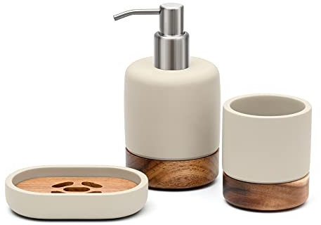 Creativefine Modern Badezimmer-Zubehör-Set aus Holz, Badaccessoires-Set, 3-teiliges Bad Set aus Seifenspender, Seifenschale u. Zahnbürstenhalter