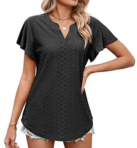KONFEN Blusas Mujer Mangas Cortas, Cuello en V Camisas Túnico Recortados Tops Verano, Camisetas Mujer Casual Elegante Suelta Shirts Liso, Negro M
