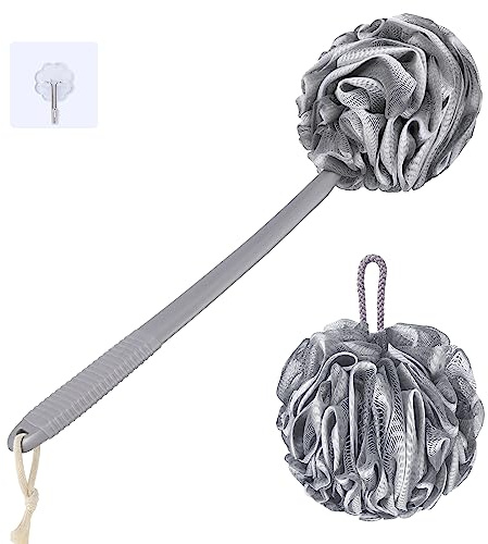 VANZAVANZU Loofah Sponge Set Back Scrubber for Shower, Anti-Slip Plastic 17 Handle Loofah on a Stick with Fluffy Shower Sponge, PE Soft Mesh Shower Loofahs-Gray with White Edge