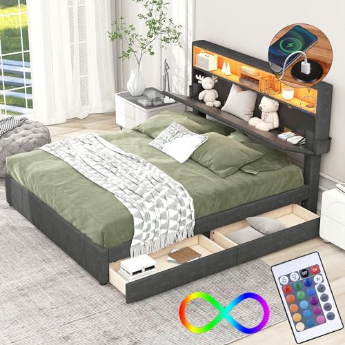 Bett 140x200 mit LED und USB, Polsterbett 140x200cm mit 2 Schubladen und Verstellbares Kopfteil, Doppelbett mit Lattenrost Ladefunktion, Stauraumbett Jugendbett Familienbett mit Modernes Bettgestell