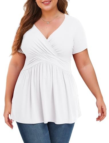 Anelune Plus Size Tops for Women, Short Sleeve Tunic Blouse, White, 2XL