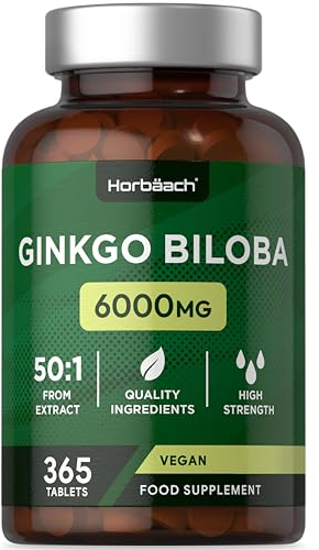 Ginkgo Biloba 6000 mg | 1 Año de Suministro - 365 Comprimidos (no cápsulas) Veganos | Extracto de Alta Concentración 50:1 | Memoria y Concentración | Ginko Biloba | de Horbaach