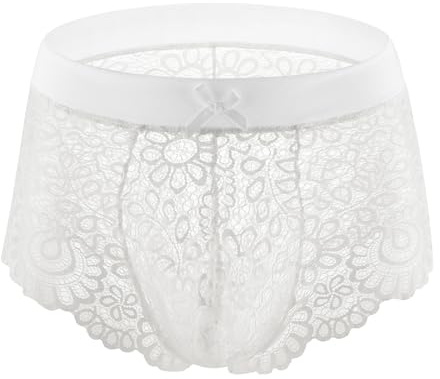 Walang Culotte sexy pour homme Sissy Knickerbocker Slips Stretch Taille basse Dentelle Nœud papillon Boxer transparent en maille, Blanc., 44