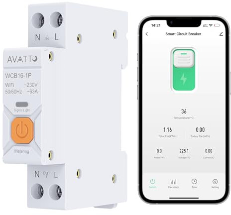 AVATTO Smarter Leistungsschutzschalter WIFI 1P Hutschiene für Smart Home Wireless Fernbedienung Schalter Kompatibel mit Alexa und Google Assistant Smart Life TUYA APP (Mit Metering 16A)