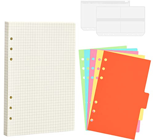 80 Hojas Agenda Recargable A5, Papel de Recambio 6 Anillas con 5 Separadores, 2 Bolsas Sobres, Cuaderno Cuero Papel Recargable, Planificador A5 para Cuadernos Diarios Calendario, 100gsm (80 Hojas)
