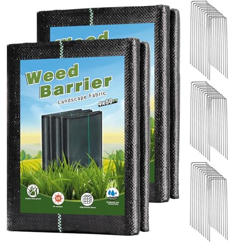 Barrera de malezas de jardín de 100 pies, tela resistente, barrera de tela de malezas, cubierta de suelo de jardín, tapete de control de malas hierbas con 30 clavijas de seguridad en forma de U para