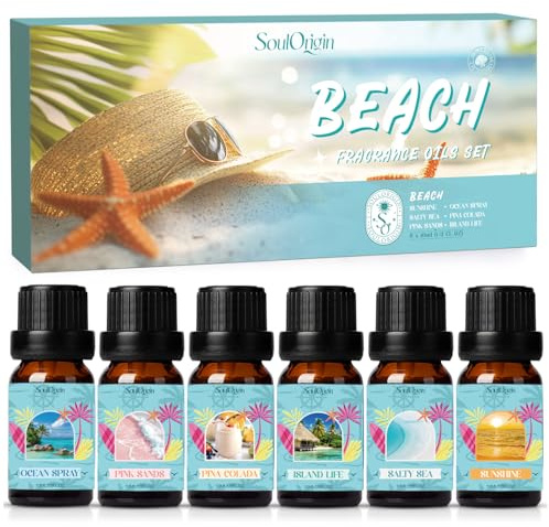 SoulOrigin Beach Essential Oils Set, Fragrance Oil Set for Oil Diffusers, Scented Oils for Soap Candle Making 6x10ml - Ocean Spray, Pink Sands, Pina Colada, Island Life, Salty Sea, and Sunshine