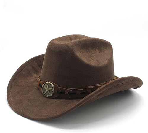 Sombrero de vaquero de ala ancha para hombres y mujeres, de gamuza sintética, estilo occidental, estilo vaquero, elegante, ajustable, sombrero de vaquero para exteriores, color marrón, marrón, M