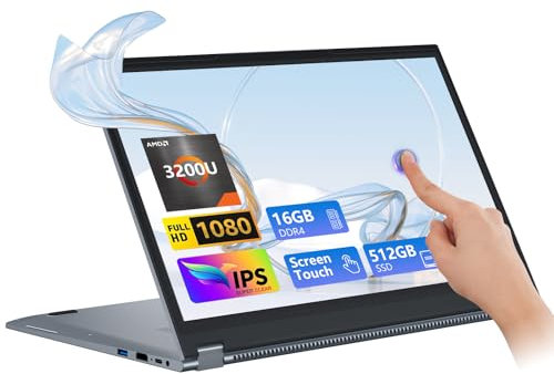 Tunhail PC Portatile 15,6 Pollici, Computer Portatile 2 in 1, Notebook Capovolgimento a 360° 1920X1080 IPS,16GB RAM 512GB SSD,Ryzen R3 3200U Laptop, Supporto USB RJ45 Type-C,Per Studio Lavoro