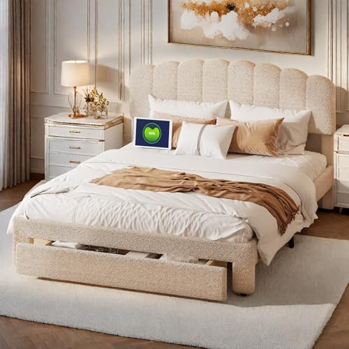 DAHUEN Lit double rembourré, 140 x 200 cm, avec espace de rangement, USB, cadre de lit pour adolescent, fille avec tiroirs et sommier à lattes, hauteur de tête de lit réglable, velours peluche, beige