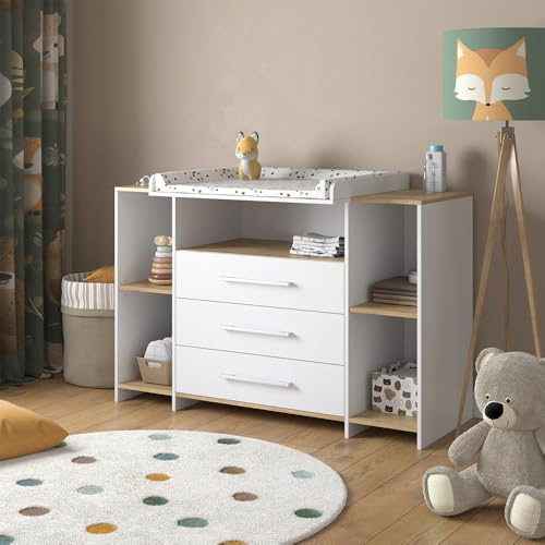 Vicco Fasciatoio Oskar, Rovere bianco/dorato, 143.2 x 93 cm con 3 cassetti, adatto come fasciatoio con area di appoggio estensibile