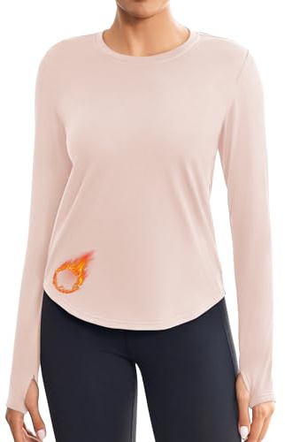 PINSPARK Maglietta Sportiva da Donna in Micropile, Scollo Tondo, Manica Lunga, Top Termici per Yoga, Intimo da Sci per attività all'aperto, Shirt Funzionale per Il Fitness con Fori per i Pollici
