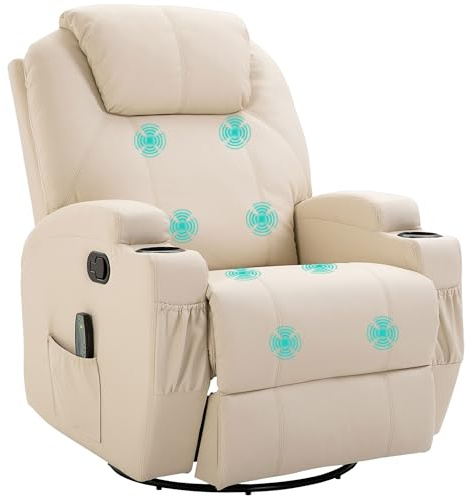 HOMCOM Fauteuil de Massage Inclinable, Bascule et Pivotant à 360°, Crème | Fauteuil de Relaxation, Dossier et Repose-Pieds Réglable Manuellement, Télécommande, Porte-Gobelets et Poches Latérales