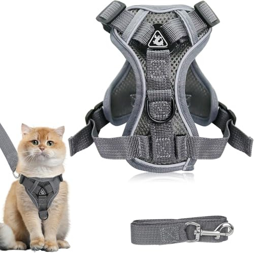 Cat Harness and Lead Set, Adjustable Cat Leash with Reflective Strips Escape Proof Cats Collar Breathable Soft Mesh Vest Kitten Cat Harness for Small Cats Dogs Pets Walking (Grey, M)