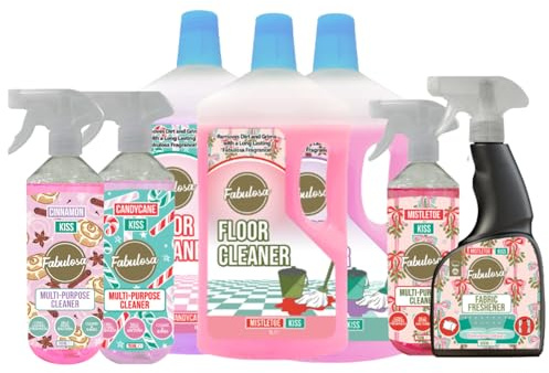 Fabulosa Christmas Cleaning Bundle 7 Piece Kiss-mas Set Candy Cane, Mistletoe & Cinnamon Floor & Multi-Purpose Cleaners with Cinnamon Swirl Room & Fabric Spray Festive Fragrance Cleaning Kit