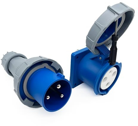 1Set 63A 3Pin Male+Famale Flush-Mounted Receptacle Connector(Compatible with 60amp), Industrial Waterproof Concealed Socket,IP67 Aviation Plug&Socket,IEC60309 220V-250V 2P+E 6H