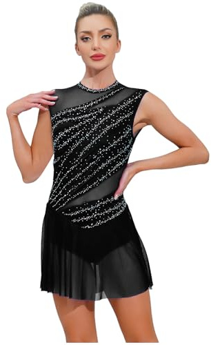 renvena Womens Lyrical Dance Costume Sparkly Rhinestone Gymnastics Leotard Sleeveless Figure Skating Dress Black S