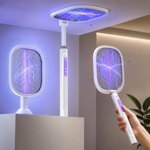 Racchetta Zanzare Elettrica 5000V, Ammazza Zanzare e Mosche 3 in 1 con Luce Notturna, Testa Pieghevole 180° e Lunghezza regolabile da 61 a 72 cm, 2000mAh Ricaricabile, Lampada Antizanzare da Interno