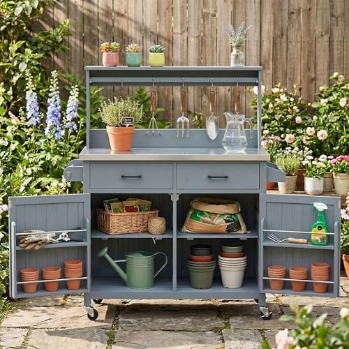 LZ LEISURE ZONE 54.1 Stainless Steel Top Outdoor Kitchen Island, Solid Wood Potting Bench Table with Storage Cabinet and High Shelf, for Backyard, Patio, Garden, Gray Blue