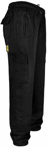 SITE KING Mens Cargo Combat Work Tracksuit Jogging Bottoms with Knee Pad Pockets Size S to 5XL Fleece Pants (5XL - 58/60 Waist, Black)