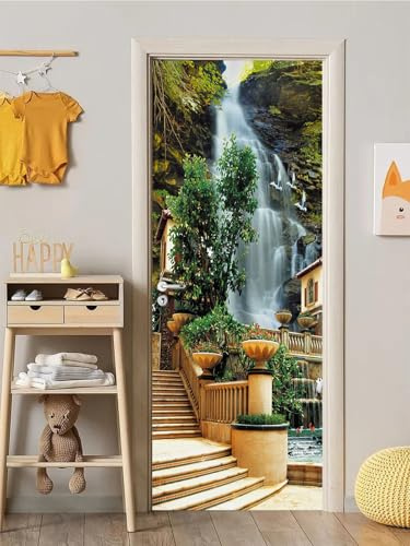 FLFK 3D Cascata europea Autoadesiva Adesivo per porta 77x200cm(Set di 2 fogli)-Murale Stacca e attacca Foto Adesivo da parete decalcomania Salotto Camera da letto arredamento