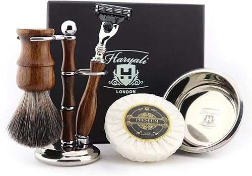 Haryali London Kit da barba da uomo in legno a 3 bordi con spazzola in pelo di tasso sintetico, supporto, ciotola e sapone, set regalo per uomo