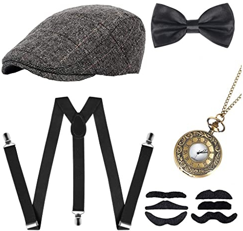 NITAIUN Anni '20 Gatsby Accessori da Uomo, 1920s Charleston Fancy Dress Set, Gangster Costume Kit con Cappello Panama Bretella Elastiche Papillon Orologio da Taschino Baffi Finti (Style E)