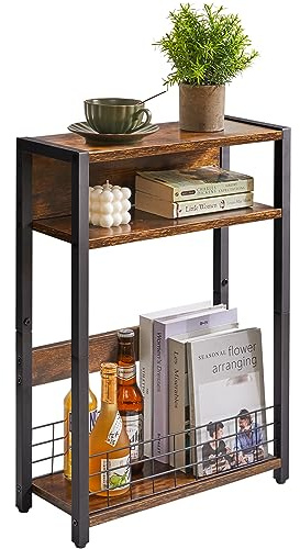 IBUYKE Table Fine à 3 Niveaux avec étagère de Rangement,Table d'appoint avec Porte-revues pour Les Petits espaces,Bout de canapé de Style Industriel, Table de Chevet pour Salon, Chambre,Brun TMZ001H