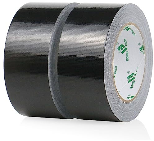 BOMEI PACK Universal - Ruban Adhésif Toilé Noir, Heavy Duty Duct Tape 2 rouleaux 50 mm x 30 m pour les travaux de réparation, fixation, de scellage, d'étiquetage et de rénovation