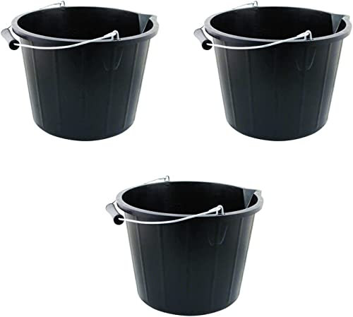 M1SS Set of 3- Black Plastic Builders Bucket 3 Gallon 14 Litre Water Mixing Storage Strong with Measuring Guide, Handle And Spout (Made in U.K)