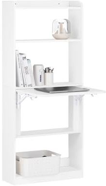 SoBuy Scrivania Salvaspazio Scrivania Ufficio con Ripiani Tavolo Pieghevole da Parete Tavolo Richiudibile per Computer Scrittoio da Lavoro Naturale 64x58x145cm FWT92-H-W