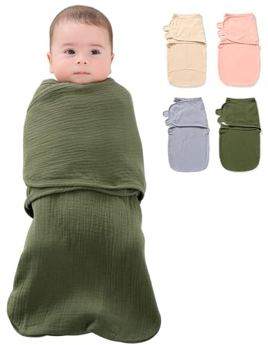 HINATAA Bebé Mantas Envolventes, Bebé Swaddle Wrap Manta para 0-3/3-6 Meses Bebé, 3 in 1 Saco Dormir Bebe Orgánico Algodón, Mantas Envolventes Ajustable Ensanchar Velcro para Bebé (Verde, 3-6 Meses)