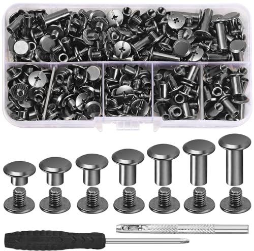 MirraSwit 140 Sets Tornillos de Chicago, M4/5/6/8/10/12/15mm Kit de Tornillos de Encuadernación Chicago, Remaches de Cuero con Destornilladores y Martillos para Bricolaje de Cuero Libro Bolsos