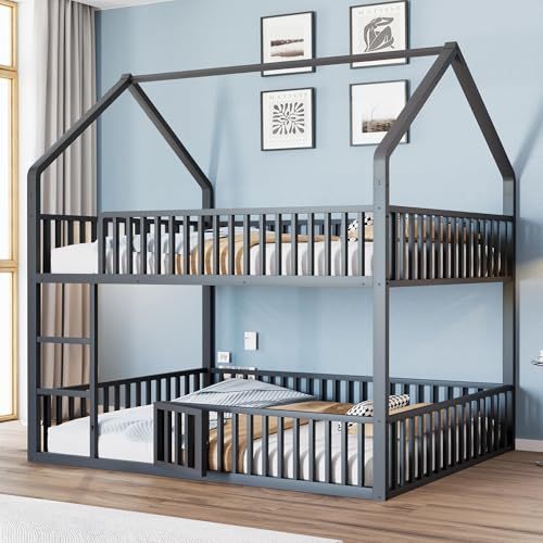 Merax Lit superposé pour enfant 140 x 200 cm, en métal, avec escalier, cadre en forme de maison, lit inférieur avec porte pour ouvrir et fermer, noir (sans matelas)