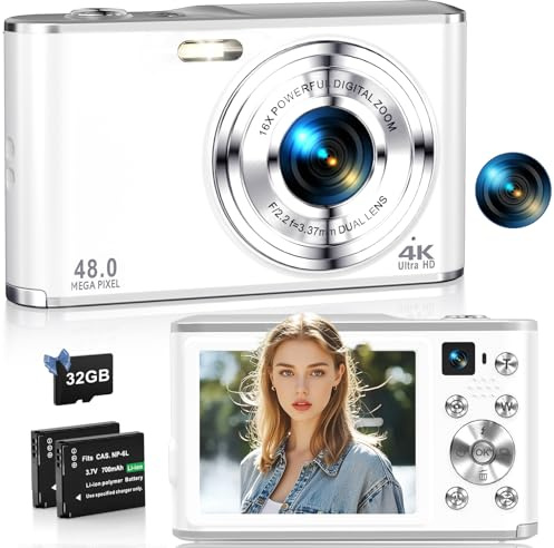 4K Digitalkamera 48MP Autofokus Fotokamera mit Dual Kamera, Kompaktkamera Fotoapparat mit 16X Digitalzoom, 2,8 großem Bildschirm, 32GB Karte & 2 Batterien für Kinder Teenager Anfänger-Weiß