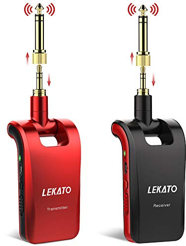 LEKATO 2.4Ghz Stereo Wireless Guitar System with 1/4 & 1/8 Plugs - Rechargeable Musical Instruments Transmitter Receiver for Electric Bass (Red)