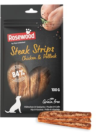 Rosewood Steak Strips Poulet et Colin – Friandise Tendre pour Chien, Riche en Viande et Poisson, Faible en Graisses, sans céréales, sans additifs artificiels, 100 g