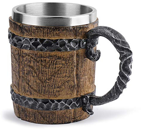 N/K Boccale di Birra in Acciaio Inossidabile a Forma di barile di Legno, Boccale di Birra Artistico Unico con Manico, Bicchiere d'Acqua Artigianale in Resina Stile retrò, 450 ml / 15 Once