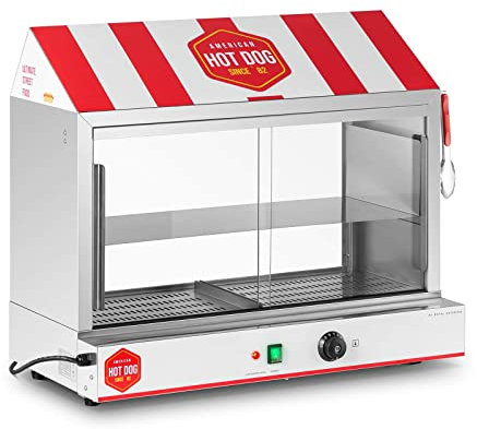 Royal Catering Cuiseur à Vapeur Pour Hot Dogs 300 saucisses + 100 pains, 2 400 W, 30-110 °C, Soupape De Vidange, Inox, Verre Machine Appareil Pro Professionnelle Steamer, Chauffe-saucisses
