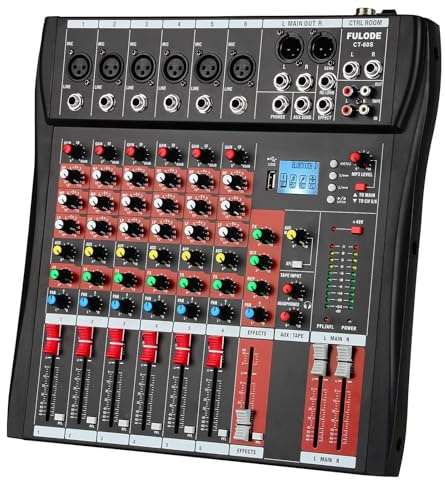 FULUODE 6 Channel Mixer Audio Console, CT-60S Professional Music Mixer DJ Mixing Board with Reverb Bluetooth MP3 Player 48V Phantom Power Supply USB Recording for Studio Karaoke Live Performance