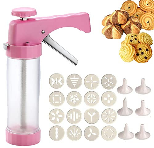 LTLWSH Prensa para Galletas, Jeringa para Adornar, Máquina de Galletas, Prensa de Galletas, Accesorio para Hornear con 16 Plantillas y 6 Boquillas para Pasteles y Galletas,Rosado