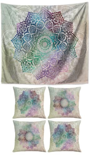SusggO Set 4 Fundas de Cojines 45x45cm y 1 Tapiz Decorativo Pared 150x130cm – Cojines Decorativos. Tapiz Decoracion Pared – Cama Sofa Colcha Decoracion Hogar (Set Mandala 4 Fundas Cojines + 1 Tapiz)